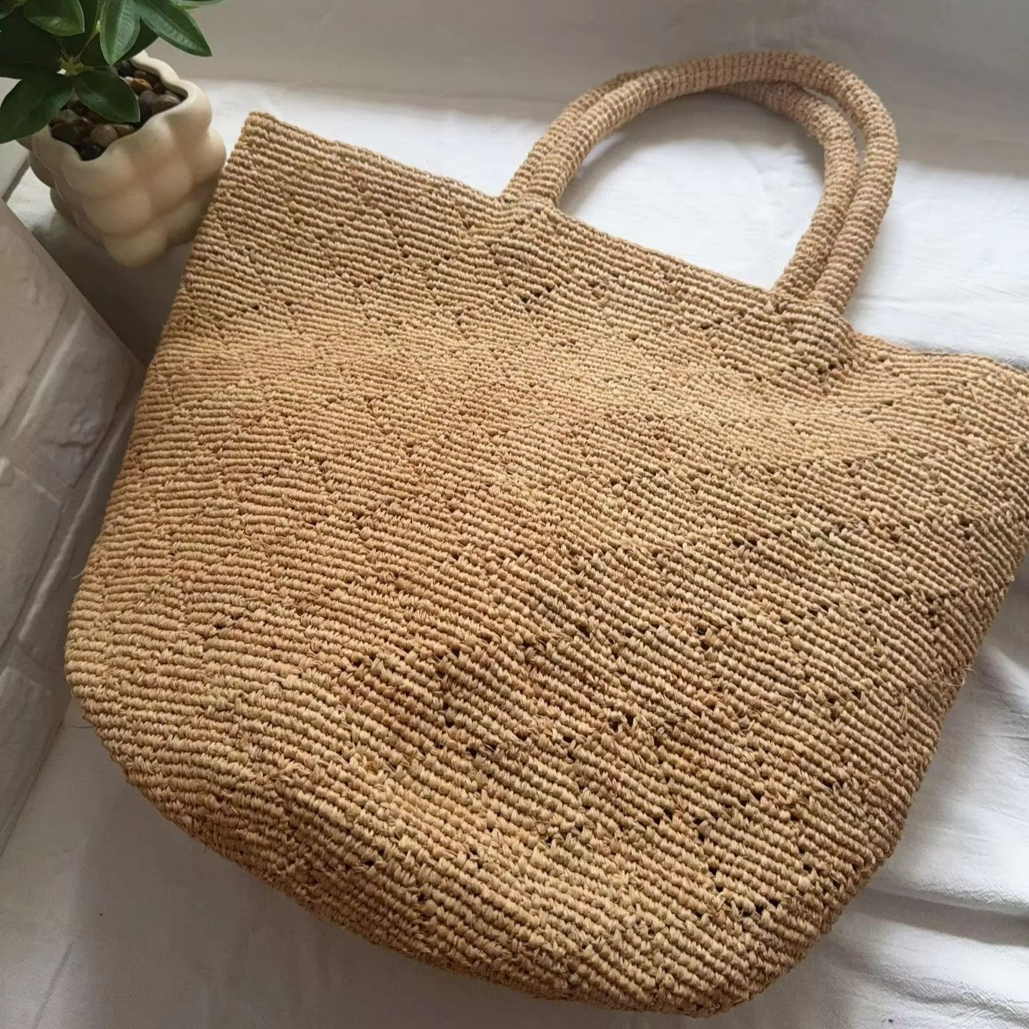 Women'S Raffia Bags - Handgebreide strandtas voor dames, vierkant, simpel,